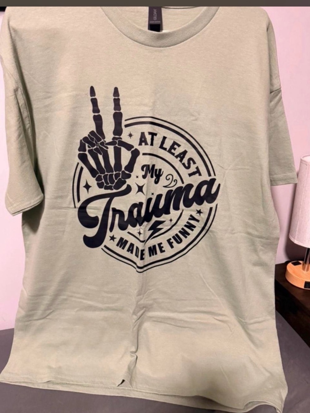 Gildan Sage Green Short Sleeve Tee with Black Skeleton Graphic